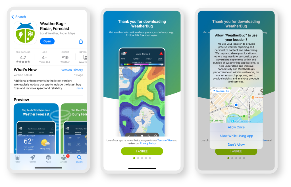 A series of 3 screenshots depicting downloading the app and enabling ongoing location permission