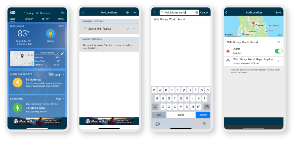 A series of 4 screenshots depicting adding "Walt Disney World Resort" to "My Locations" on the app, and enabling alerts