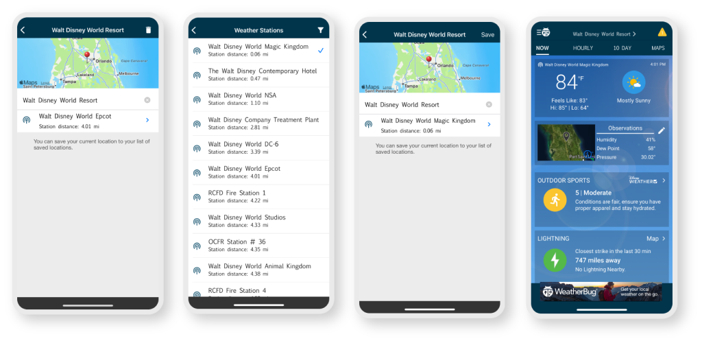 A series of 4 screenshots depicting choosing a specific weather station at Walt Disney World